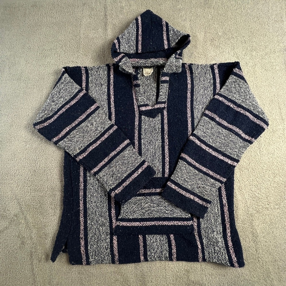 Senor Lopez Mexican Baja Hoodie Navy Blue Pink‎ Striped Rug Pullover Large